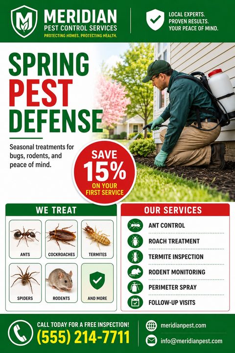 Pest control flyer template with a green and red color scheme. A photo shows a technician spraying the exterior of a house. Text reads 'Spring Pest Defense' and 'Save 15%'. Sections list treated pests with photos and services with icons.