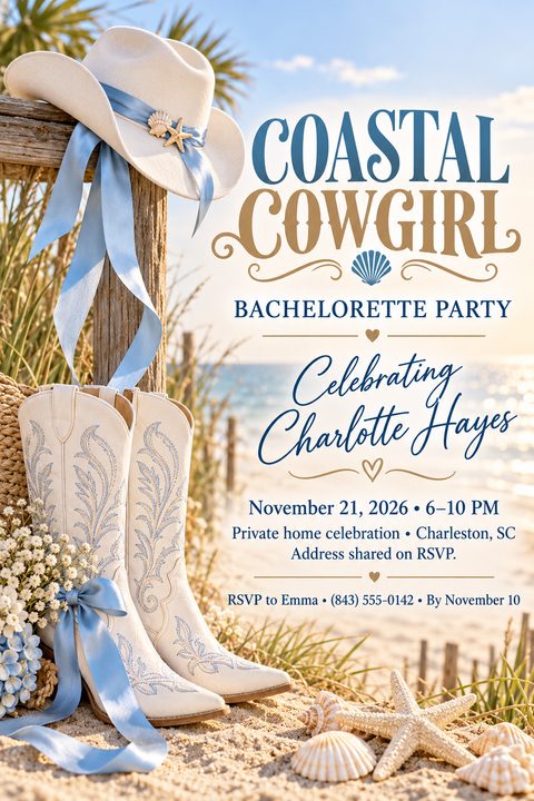 A bachelorette party invitation flyer with a coastal cowgirl theme. A white cowboy hat with a blue ribbon and a pair of white cowboy boots sit on a sandy beach with seashells and ocean in the background. Text reads 'Coastal Cowgirl Bachelorette.