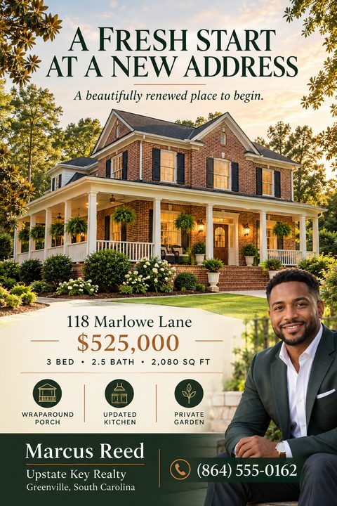 Real estate flyer featuring a large photo of a brick house with a wraparound porch. Below are property details, feature icons, and a real estate agent's portrait on a dark green background.