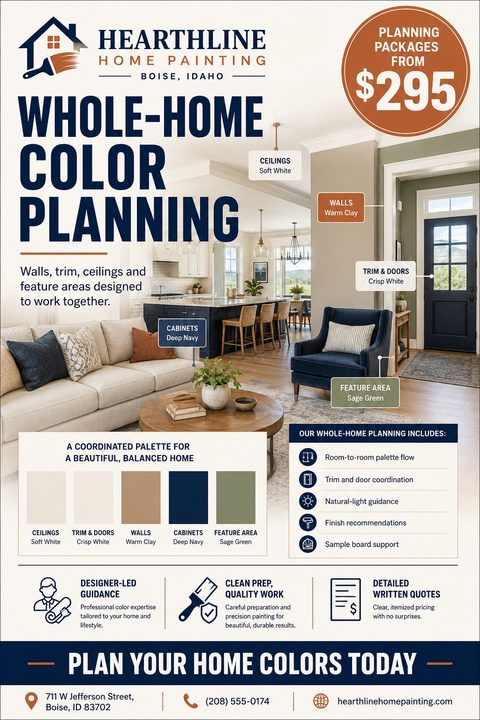 Flyer for Hearthline Home Painting offering Whole-Home Color Planning. Features a photo of a living room and kitchen with labels pointing out paint colors for ceilings, walls, trim, cabinets, and feature areas. Includes a color palette graphic and a.