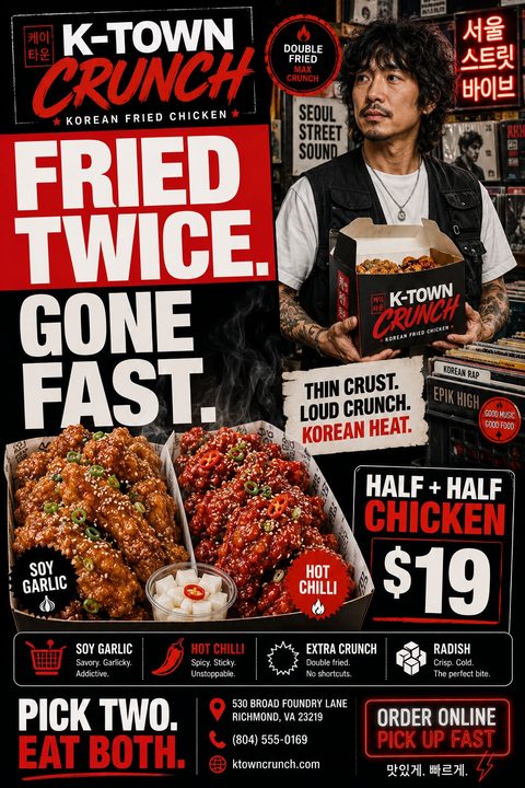 A promotional flyer for a Korean fried chicken restaurant featuring a man holding a box of chicken, close-up photos of soy garlic and hot chilli chicken, and bold text advertising a 'Half + Half Chicken' deal for $19.