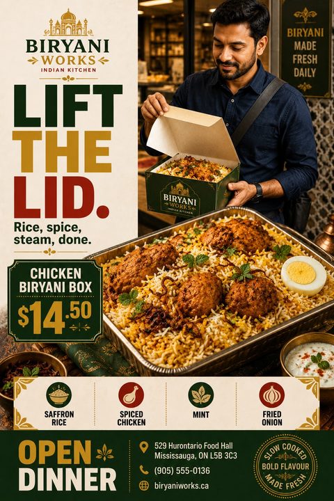 A warm-toned Indian restaurant takeaway flyer featuring a man opening a box of biryani, a large tray of chicken biryani, bold text, and a dark green, gold, and cream color palette.