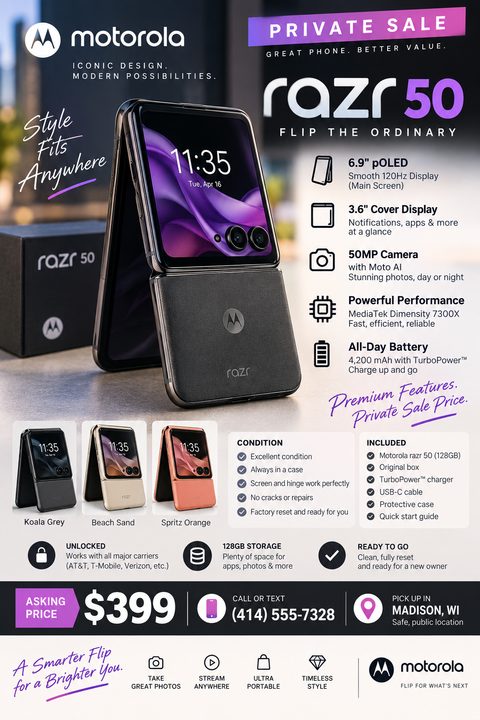 A flyer advertising a private sale for a Motorola Razr 50 smartphone, featuring a large image of the phone, key specifications, condition details, included items, color options, and an asking price of $399.