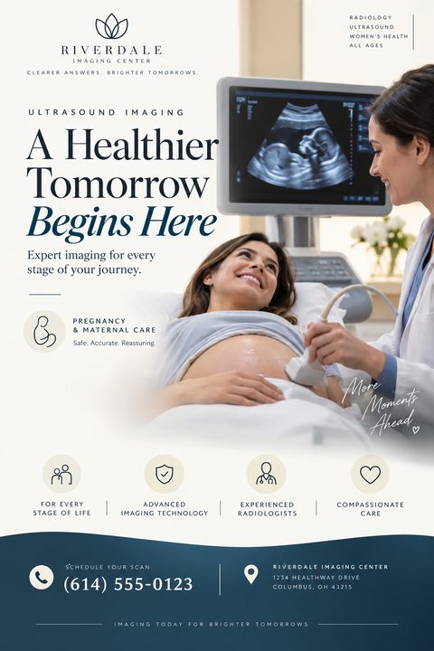 Flyer for an imaging center. A photo shows a smiling pregnant woman receiving an ultrasound from a female doctor, with the baby visible on the monitor. Text reads 'A Healthier Tomorrow Begins Here'. Icons highlight services like pregnancy care and.