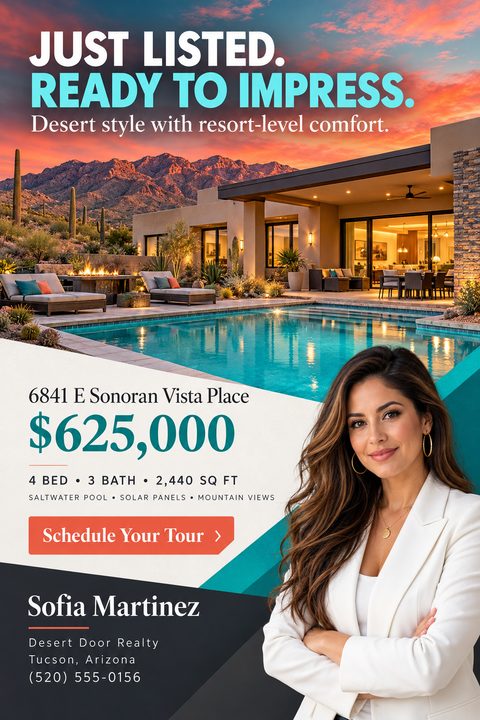 Real estate flyer template with a large photo of a modern desert home with a pool at sunset. Text reads 'Just Listed. Ready to Impress.' Includes property details, price, and an agent portrait.