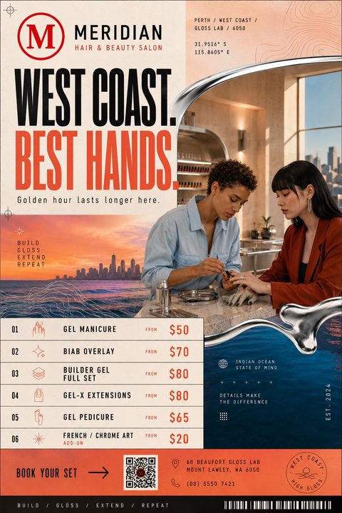 A modern nail salon flyer with a cream and orange background, featuring a photo of a manicure in progress framed by liquid metal shapes, alongside a sunset cityscape and a detailed price list.
