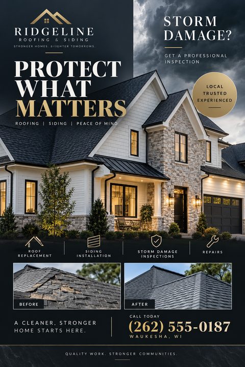 Roofing and siding flyer template with a large photo of a house under dark storm clouds. Text reads 'Protect What Matters' and 'Storm Damage?'. Includes before and after photos of a roof repair.