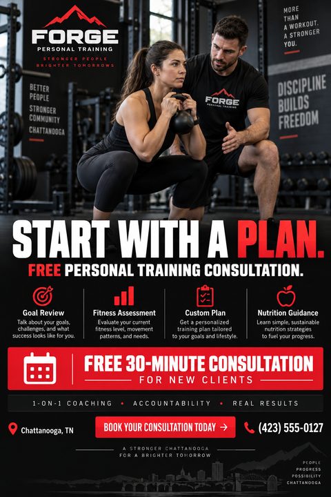 Flyer for personal training consultation. Top half shows a trainer guiding a client doing a kettlebell squat. Bold text reads 'Start with a plan. Free personal training consultation.' Below are icons for goal review, fitness assessment, custom plan.