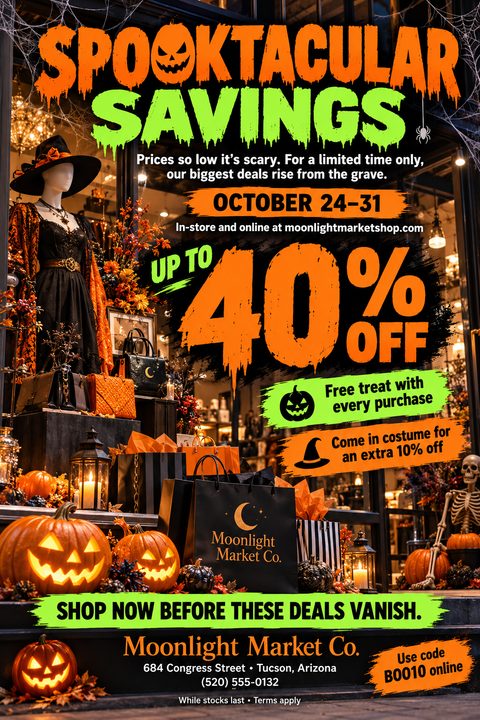 A Halloween sale flyer featuring a spooky retail window display with a witch mannequin, jack-o'-lanterns, and shopping bags, overlaid with bold orange and neon green text.