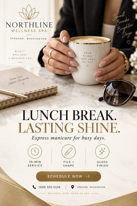 Elegant flyer for an express manicure service featuring a woman with polished nails holding a coffee cup on a marble table. Includes gold text, service icons, and a schedule button.