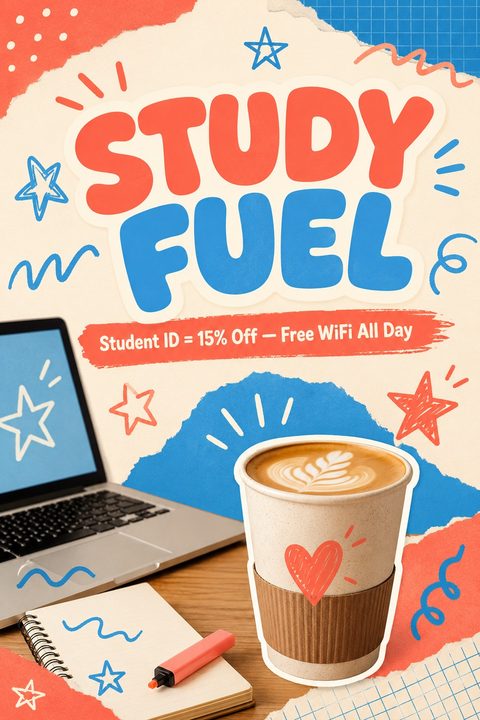 A playful collage-style flyer with torn paper edges in red, blue, and cream. It features a coffee cup, laptop, and notebook, decorated with hand-drawn stars and squiggles, promoting a student discount.