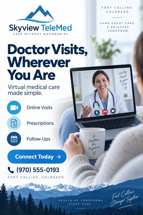 Flyer for telehealth services featuring a person holding a mug while on a video call with a doctor on a laptop. Text reads 'Doctor Visits, Wherever You Are. Virtual medical care made simple.' Includes icons for online visits, prescriptions, and.