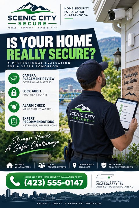 A home security flyer template with a photo of a technician holding a tablet, looking at a house with a security camera. The text reads 'Is your home really secure?' and lists services like camera placement review and lock audit.