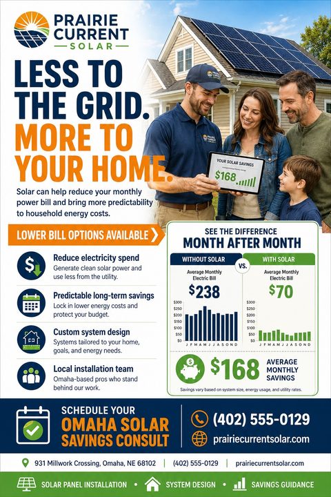 A flyer for Prairie Current Solar titled 'Less to the grid. More to your home.' featuring a solar installer showing a family their savings on a tablet, with a chart comparing electric bills with and without solar.