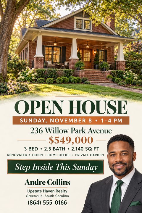 Real estate open house flyer featuring a large photo of a brick house with a porch, elegant green and copper text on a cream background, and a realtor headshot.