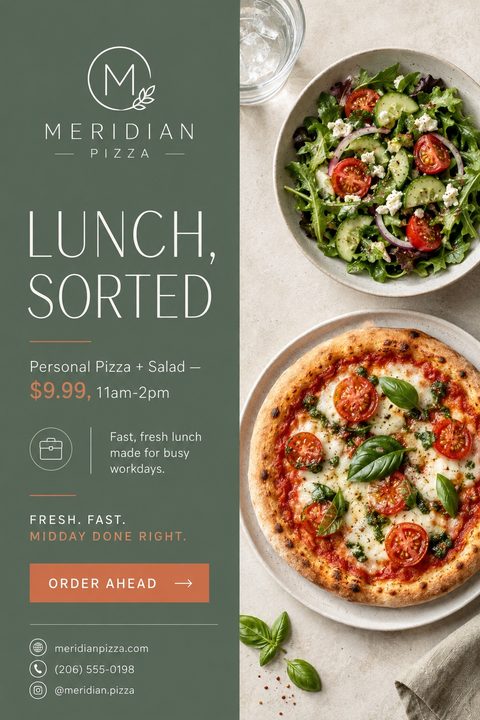 A flyer for a pizza lunch special. The left side is a solid sage green with white text reading 'Lunch, Sorted' and details for a personal pizza and salad combo. The right side features overhead photos of a fresh salad and a margherita pizza.