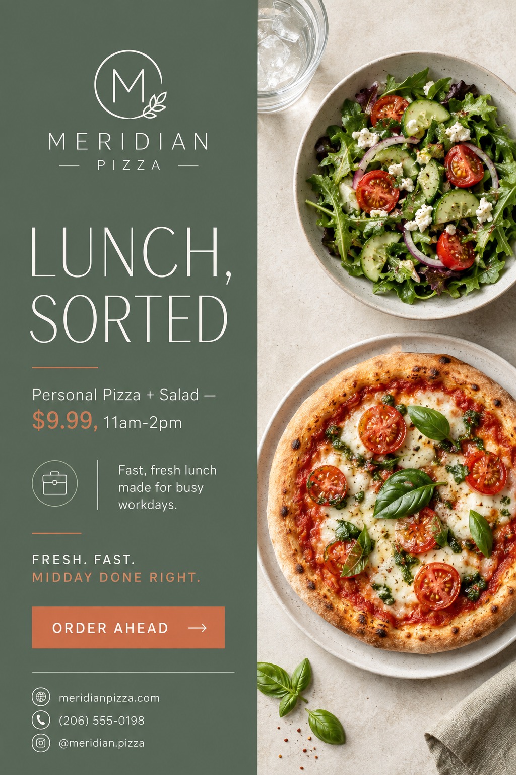 A flyer for a pizza lunch special. The left side is a solid sage green with white text reading 'Lunch, Sorted' and details for a personal pizza and salad combo. The right side features overhead photos of a fresh salad and a margherita pizza.
