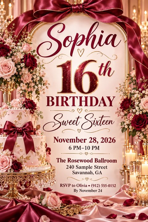 Elegant Sweet Sixteen birthday invitation featuring a cream background framed by burgundy satin ribbons, blush pink roses, glowing candles, and a two-tier decorated cake on a crystal stand.