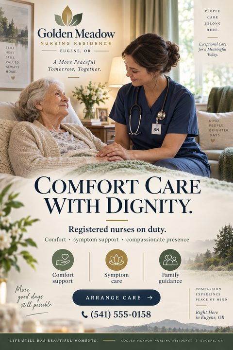 Flyer for Golden Meadow Nursing Residence titled Comfort Care With Dignity. Shows a nurse holding an elderly woman's hand in bed. Lists services: comfort support, symptom care, family guidance.