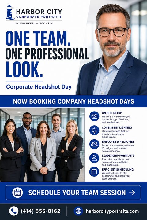 A flyer for Harbor City Corporate Portraits advertising Corporate Headshot Day. It features a large photo of a professional man in a suit, a smaller photo of a diverse team, and a list of services like on-site setup and consistent lighting.