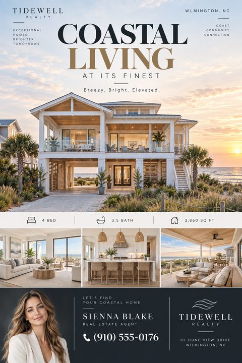 A luxury real estate flyer featuring a large sunset photo of a coastal home, three smaller interior photos, property specs, and a dark navy agent contact block at the bottom.