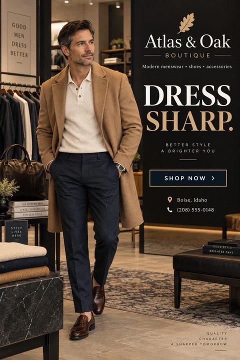 A flyer for a menswear boutique featuring a stylish man in a camel coat and navy trousers walking through a clothing store. The text reads 'Dress Sharp' and includes store details.