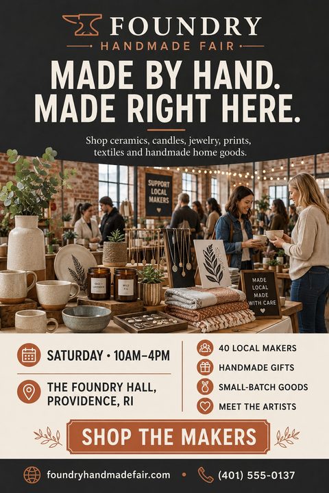 Flyer for a handmade fair with a dark top section reading 'Made by hand. Made right here.' above a photo of a bustling indoor market with ceramics, candles, and jewelry on display. The bottom section has event details on a cream background.