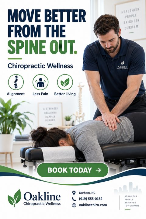 Flyer for Oakline Chiropractic Wellness. Headline reads 'Move better from the spine out.' Shows a chiropractor adjusting a patient's back. Includes icons for Alignment, Less Pain, and Better Living, plus a 'Book Today' button and contact details.