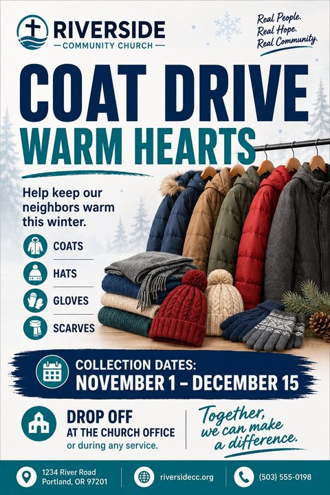 A winter coat drive flyer template featuring a cozy photo of coats on a rack, folded scarves, knit hats, and gloves. The layout uses navy blue and teal text with clear donation icons.