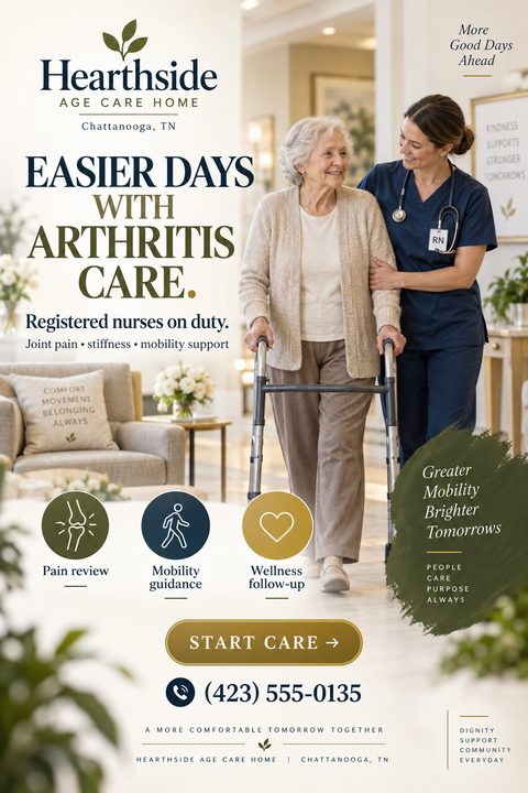A flyer for an age care home featuring a photo of a nurse helping an elderly woman with a walker. Text reads 'Easier days with arthritis care.' and lists services like pain review and mobility guidance.