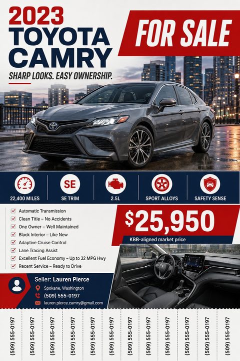 A bold red, white, and navy blue car for sale flyer featuring a large exterior photo of a sedan, a smaller interior shot, feature highlights, price, and tear-off phone number tabs at the bottom.