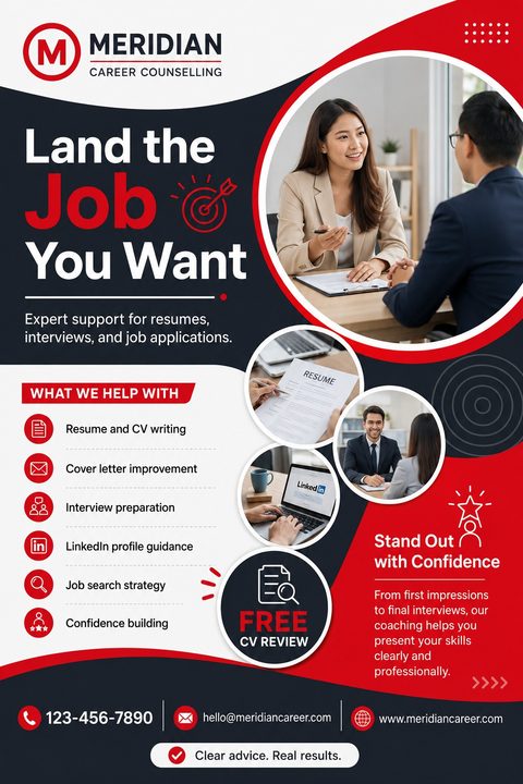 Career counseling flyer with a red, white, and navy design. Features circular photos of a woman in an interview, a resume, and a laptop, plus a list of services.