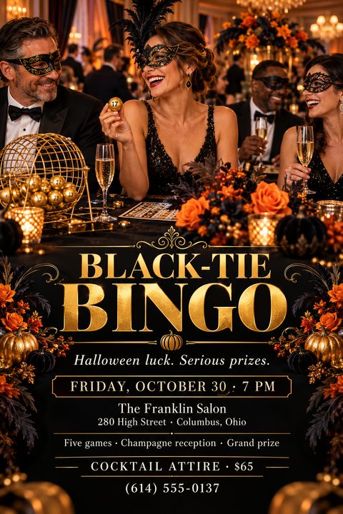 A sophisticated Halloween flyer featuring a photo of people in black-tie attire and masquerade masks playing bingo. The text reads 'Black-Tie Bingo' in large gold letters, with event details below.