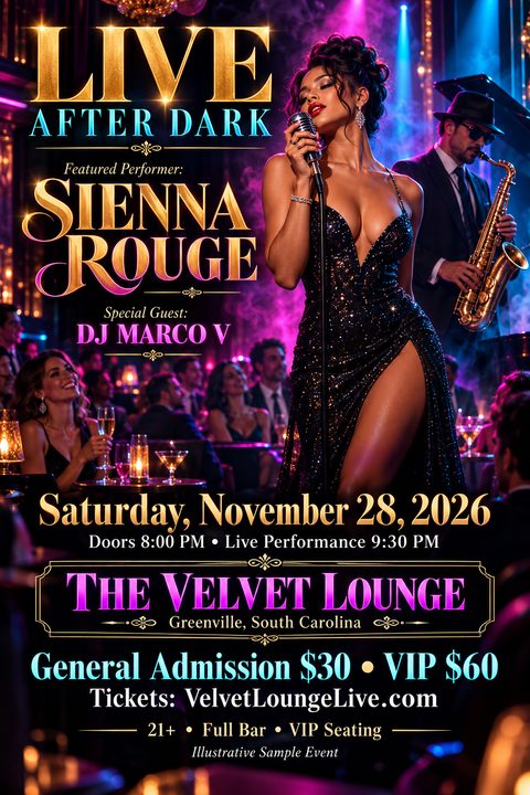 A glamorous live music flyer featuring a female singer in a sparkly dress holding a microphone, a saxophonist, and an audience in a neon-lit upscale lounge.