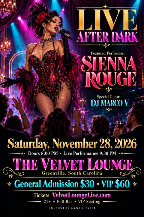 A glamorous flyer for a live performance featuring a woman in a red burlesque outfit singing on stage to a crowd. Text reads 'Live After Dark', 'Featured Performer', and event details.