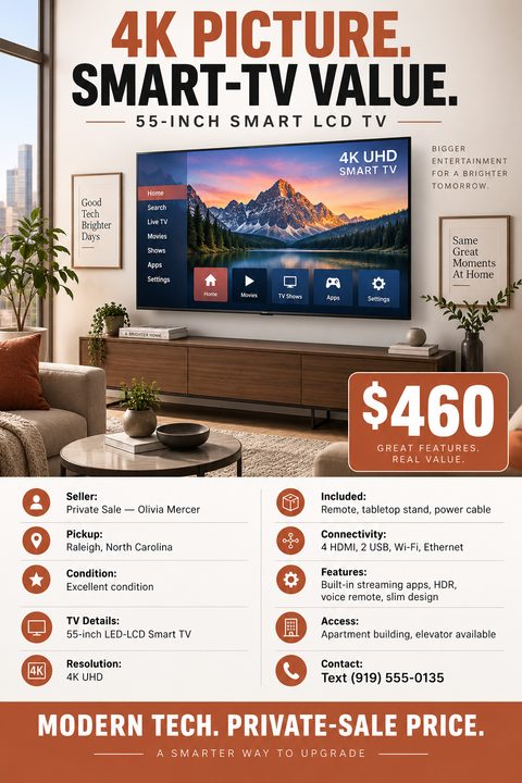 Flyer for a 55-inch Smart LCD TV for sale. Features a large photo of the TV in a living room, a prominent $460 price tag, and a grid detailing seller info, pickup location, condition, specs, and contact details.