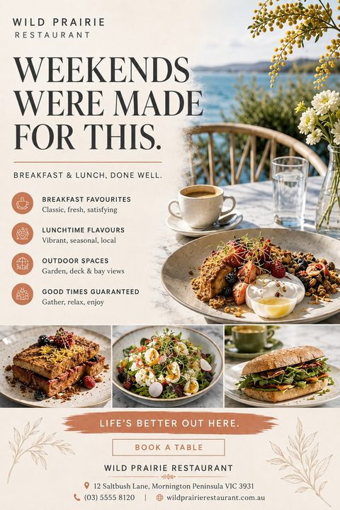 A coastal restaurant flyer featuring a scenic waterfront breakfast photo, followed by three smaller food images of french toast, salad, and a sandwich, accented with terracotta brushstrokes and botanical line art.