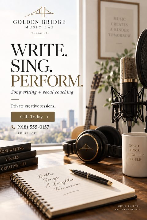 A flyer for music lessons featuring a desk with a notebook, pen, headphones, microphone, and guitar against a window overlooking a city. Text reads 'Write. Sing. Perform. Songwriting + vocal coaching'.