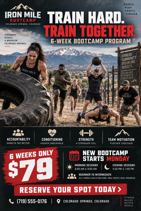 A rugged fitness bootcamp flyer featuring a large photo of people exercising outdoors with tires and medicine balls. Bold text reads "Train Hard. Train Together." with a red and black color scheme.