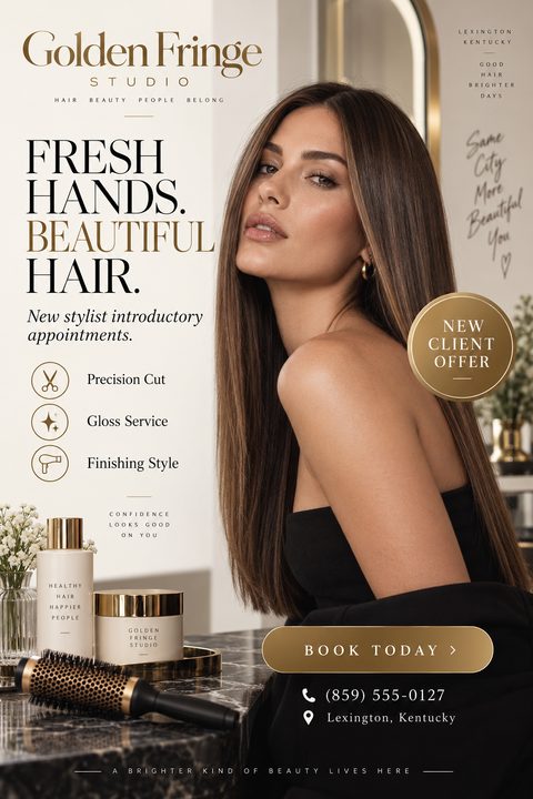 Hair salon flyer template with a large photo of a woman with long brown hair. Text reads 'Fresh Hands. Beautiful Hair. New stylist introductory appointments.' Includes a 'New Client Offer' badge, a list of services, and contact information at the.