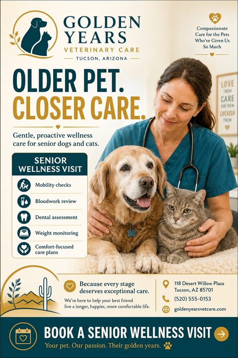 Veterinary care flyer template for senior pets. Features a photo of a female vet smiling at a golden retriever and a tabby cat. Includes a list of senior wellness visit services like mobility checks and bloodwork review, plus contact details and a.