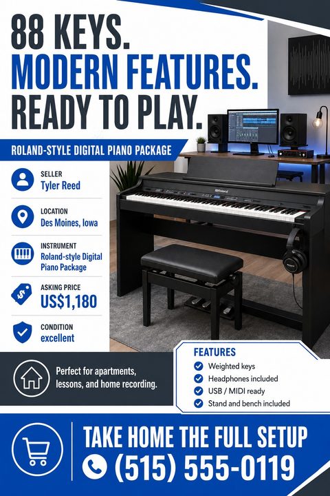 A modern blue and white flyer for selling a digital piano. It features a large photo of a piano setup, bold headline text, and a left sidebar with icons detailing seller info, price, and condition.
