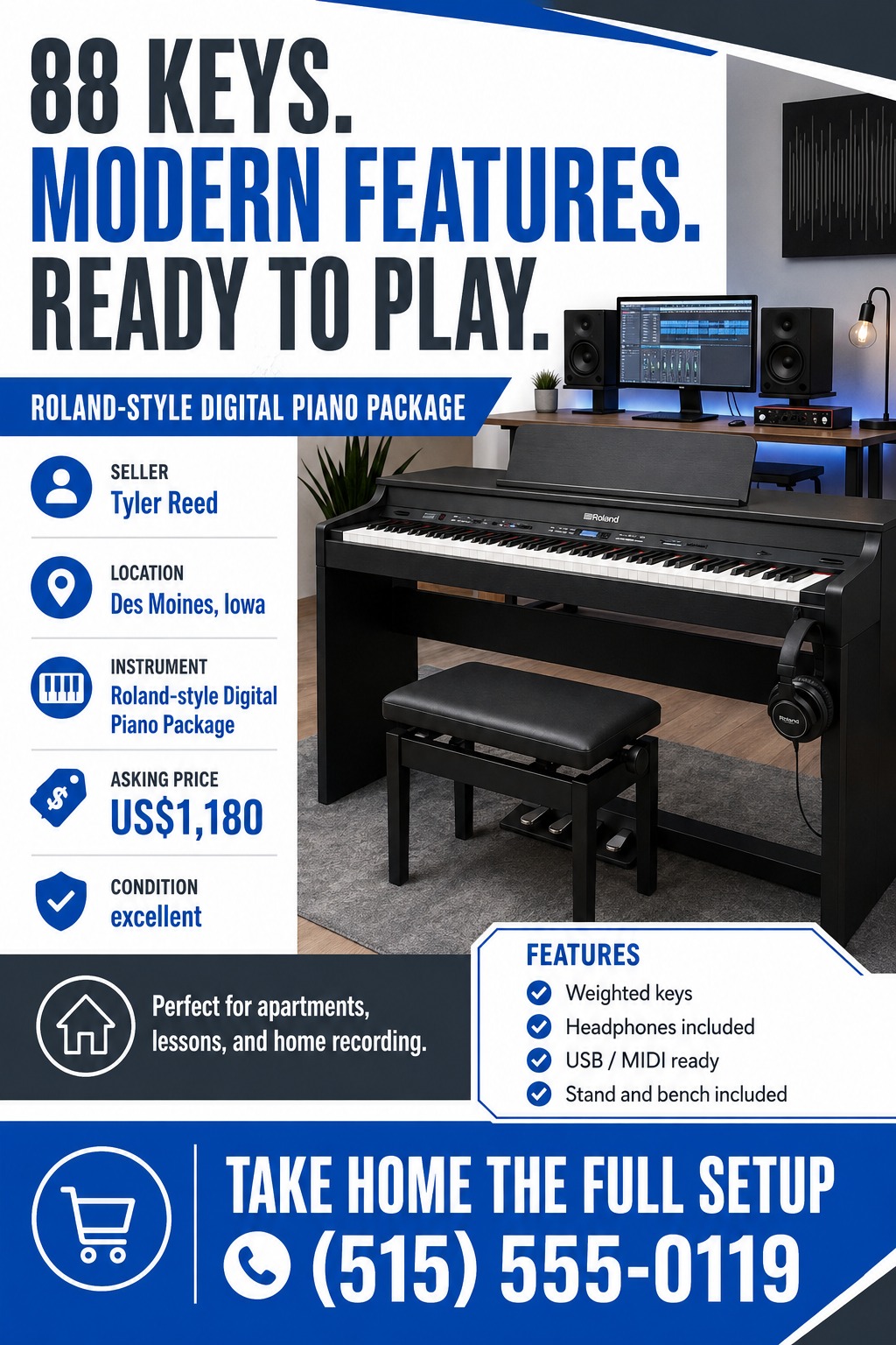 A modern blue and white flyer for selling a digital piano. It features a large photo of a piano setup, bold headline text, and a left sidebar with icons detailing seller info, price, and condition.