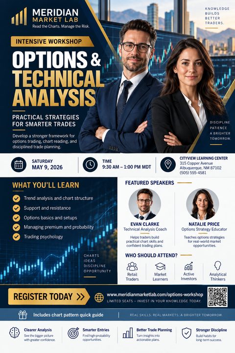 A professional navy and gold flyer for a finance workshop. It features a photo of two business professionals, event details, a list of learning objectives over a stock chart background, and speaker profiles.