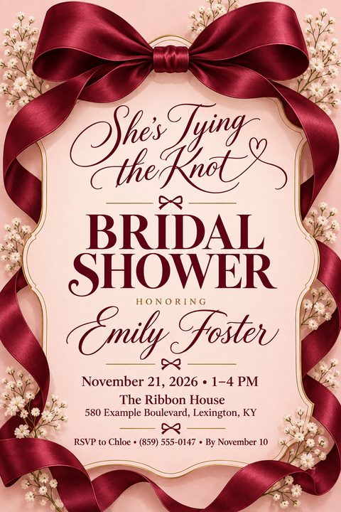 A bridal shower invitation with a large burgundy ribbon tied in a bow at the top, framing a central text area with elegant script and serif fonts. Small white flowers decorate the edges.