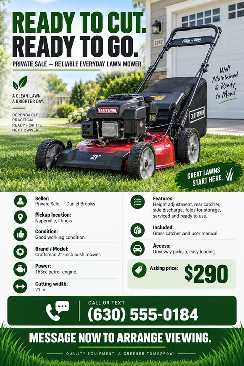 Flyer for a private sale of a lawn mower. Features a large photo of a red push mower on a lawn, with text 'Ready to Cut. Ready to Go.' Below are bullet points for seller info, location, condition, brand, power, cutting width, features, included.
