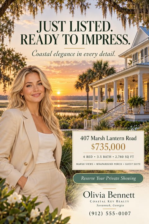 Real estate just listed flyer featuring a female agent in a beige suit standing before a white coastal home with a wraparound porch at sunset. Includes property details, price, and contact information.