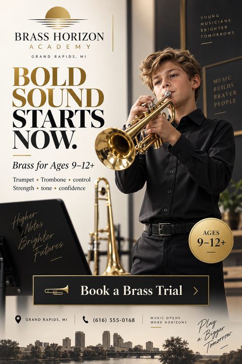 Flyer for Brass Horizon Academy featuring a young boy playing a trumpet. Text reads 'Bold Sound Starts Now. Brass for Ages 9-12+'. Includes a 'Book a Brass Trial' button.
