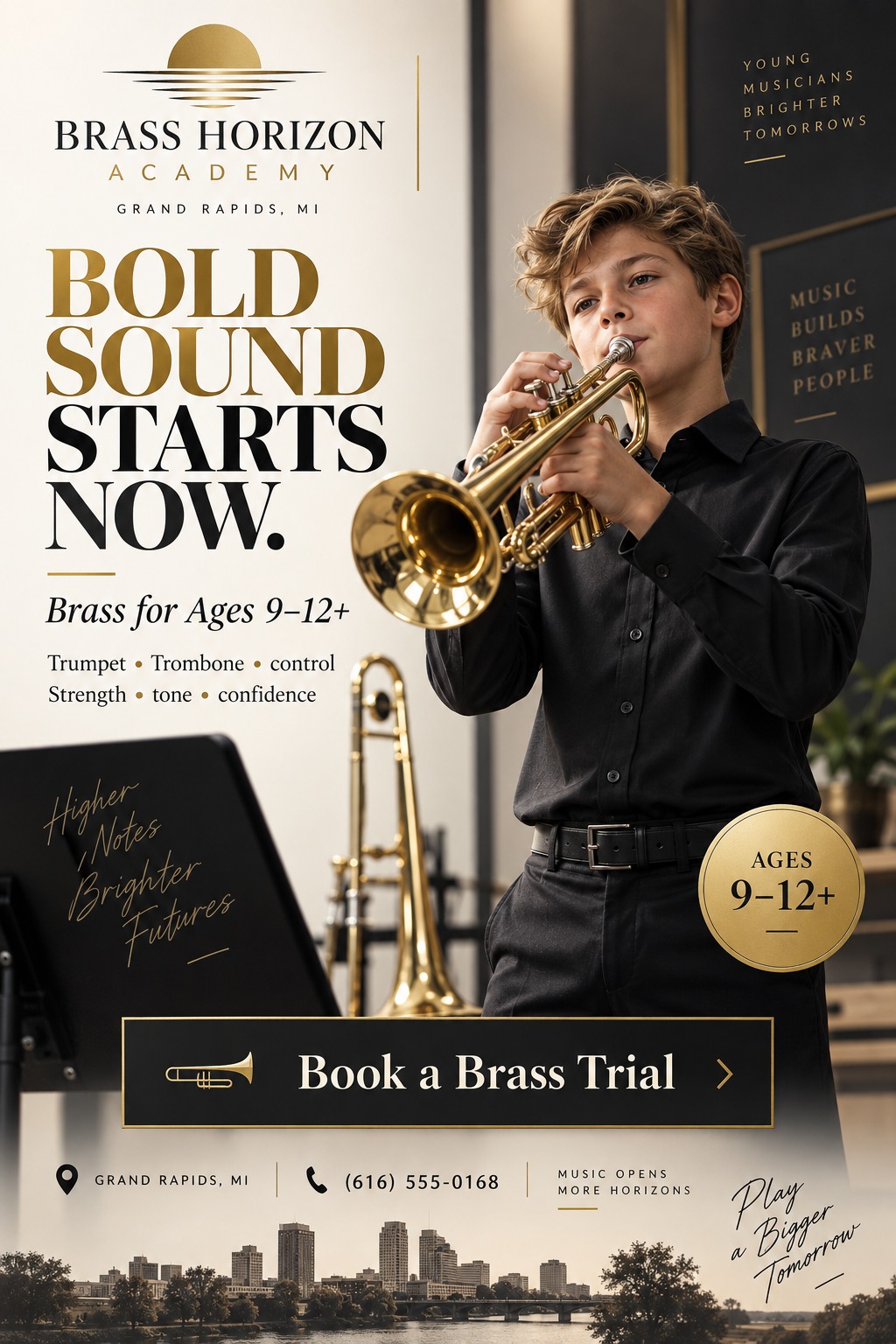 Flyer for Brass Horizon Academy featuring a young boy playing a trumpet. Text reads 'Bold Sound Starts Now. Brass for Ages 9-12+'. Includes a 'Book a Brass Trial' button.