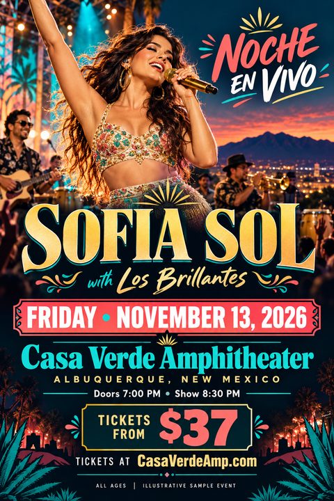 A vibrant concert flyer featuring a female singer performing live on stage with a band, set against a sunset backdrop with mountains. The text reads 'Noche en Vivo', 'Sofia Sol with Los Brillantes', and includes event details like date, venue, and.